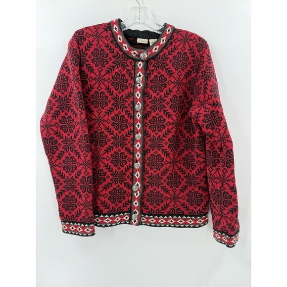 L.L. Bean Women’s Red Black Nordic Fair Isle Sweater Cardigan Cotton Size Medium - Picture 6 of 12
